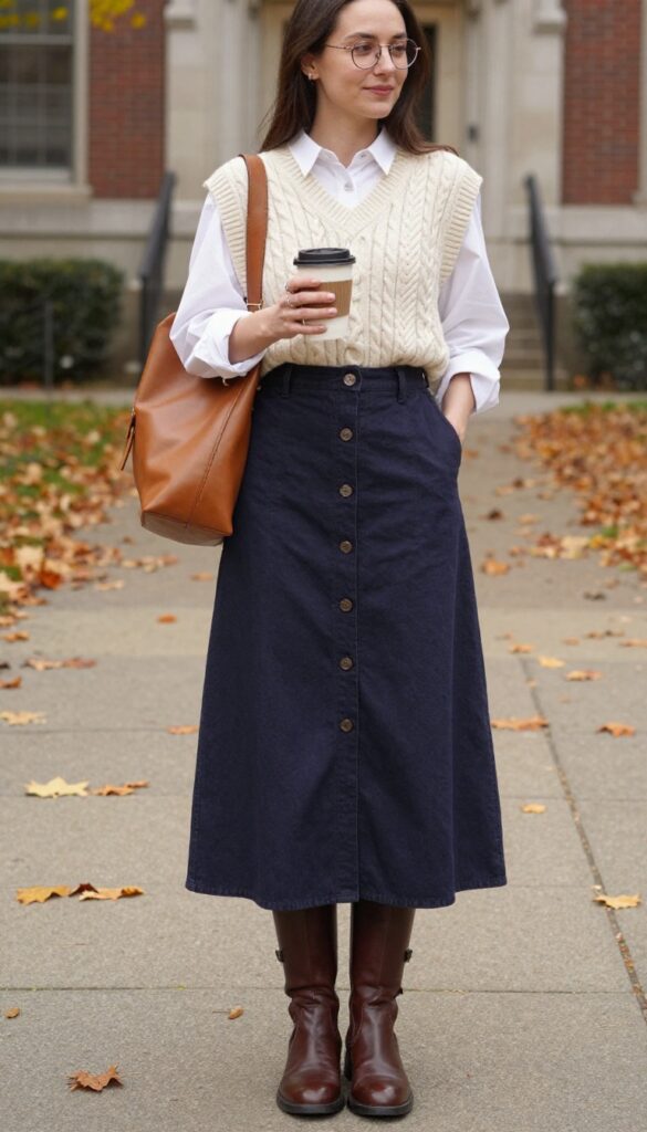 12. Sweater Vest + Button-Front Maxi Skirt + Oxfords