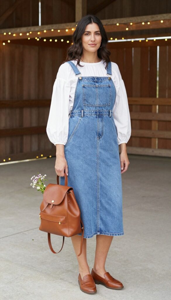 Woman in denim pinafore dress and white puff-sleeve blouse with brown loafers and mini backpack at rustic barn wedding.