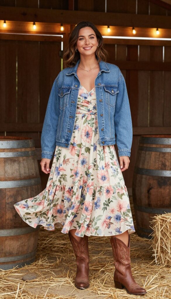 10. Rustic Barn Wedding with a Denim Jacket and Floral Dress