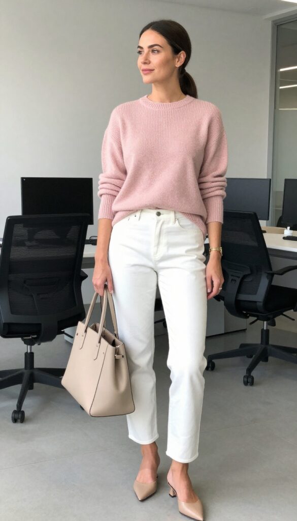 10. Cashmere Sweater + White Jeans + Mules