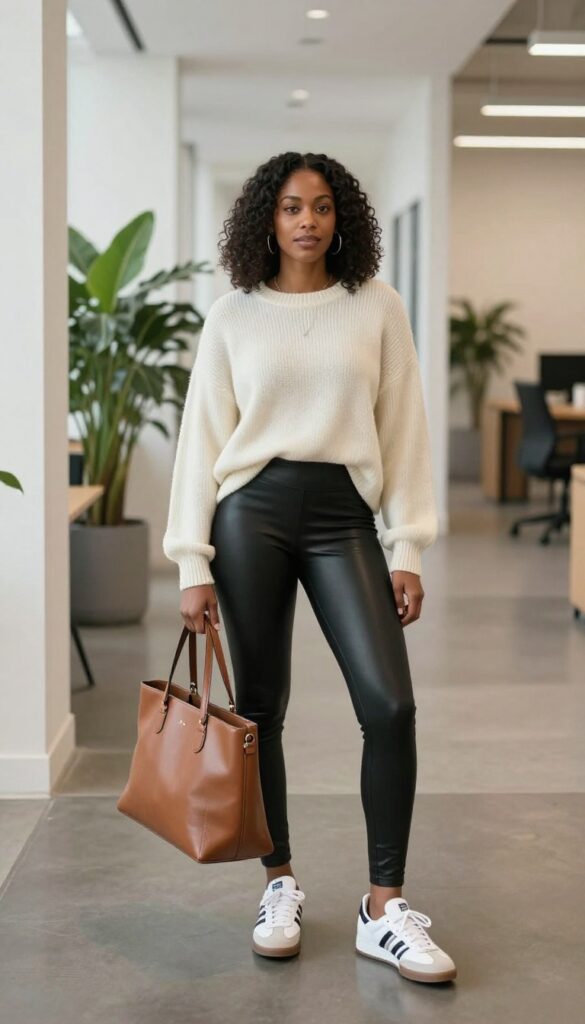 6. Leather Leggings + Oversized Sweater + Retro Sneakers