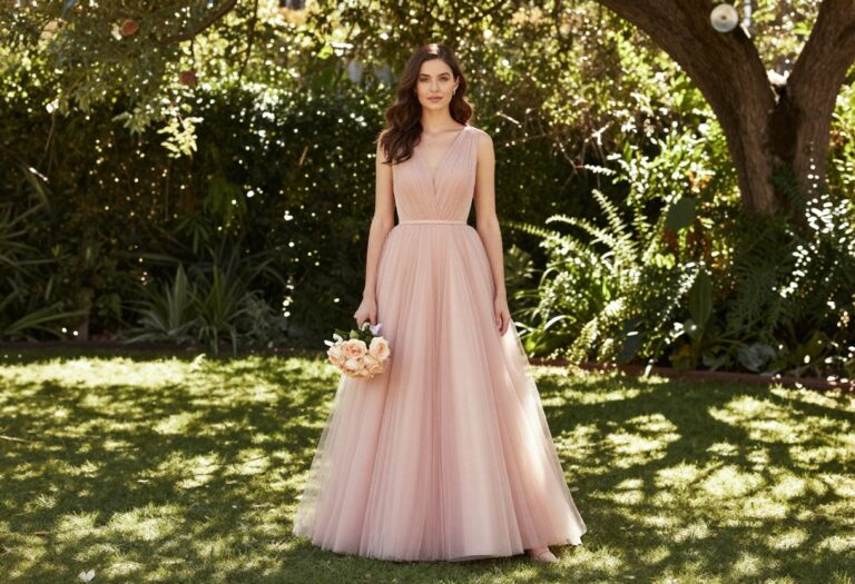 Woman in pink rose gold tulle wedding dress in garden