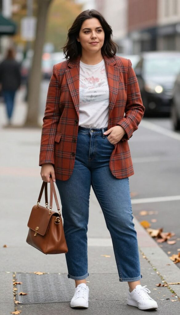 3. Plaid Blazer + Band Tee + Dark Wash Jeans + White Sneakers