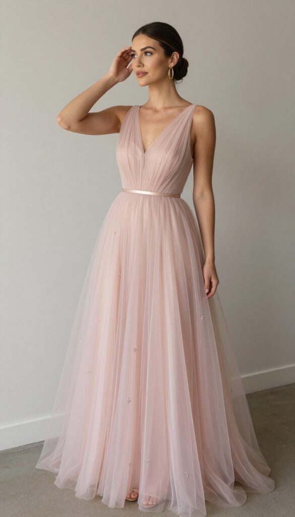 Modern minimalist wedding dress with pink rose gold tulle, sleek low bun, and gold hoop earrings