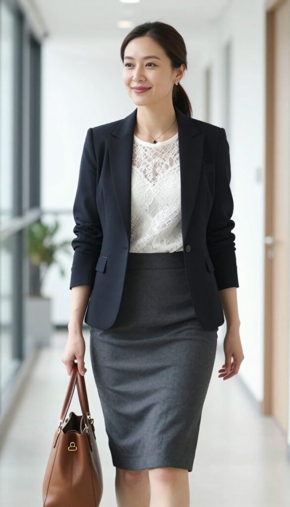 7. Blazer with a Lace Camisole and Pencil Skirt