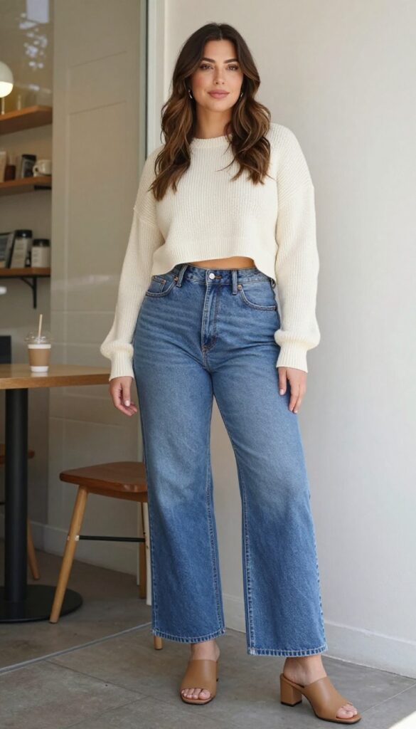 10. High-Waisted Wide-Leg Jeans + Cropped Sweater + Mules