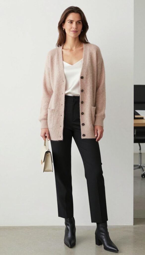 9. Cashmere Cardigan + Black Pants + Heeled Booties