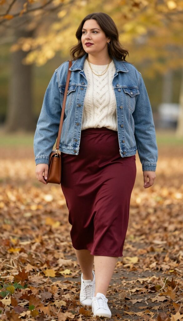 14. Sweater + Slip Skirt + Sneakers + Denim Jacket