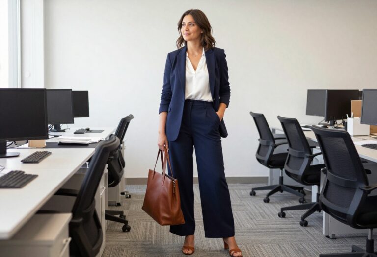 Woman in camel blazer and wide-leg trousers standing in a bright office, semi-formal work outfit
