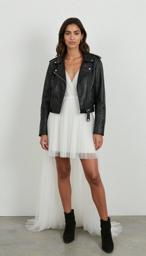 Woman in sleeveless tulle wedding dress with black leather jacket and ankle boots at evening reception
