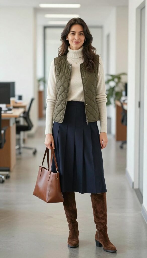 3. Quilted Vest with a Cashmere Sweater and Midi Skirt