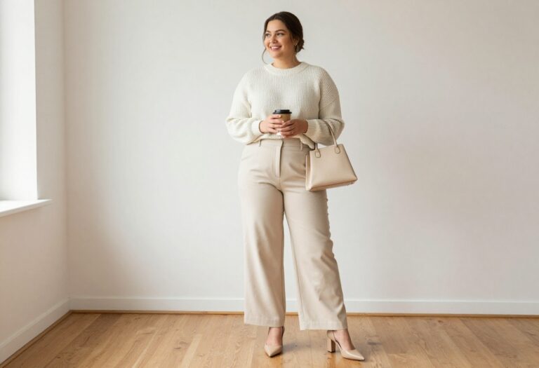 Plus size petite woman in monochrome outfit with high-waist trousers and nude heels