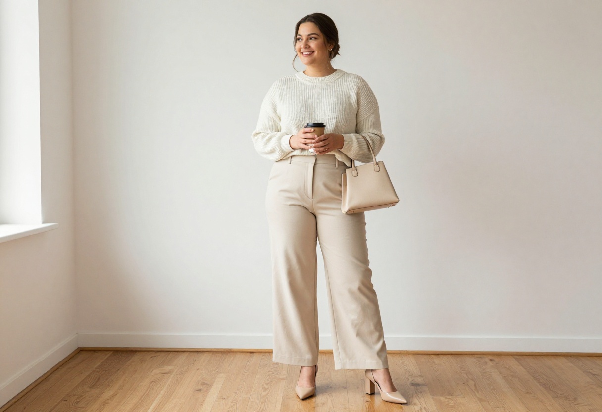 Plus size petite woman in monochrome outfit with high-waist trousers and nude heels