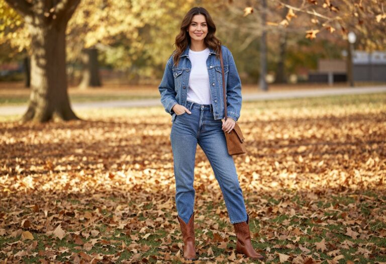 Woman in denim jacket, white tee, jeans, and cowboy boots in autumn park