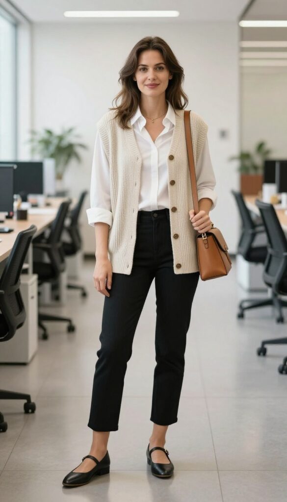 9. Sweater Vest + Button-Down + Cropped Trousers + Mary Janes