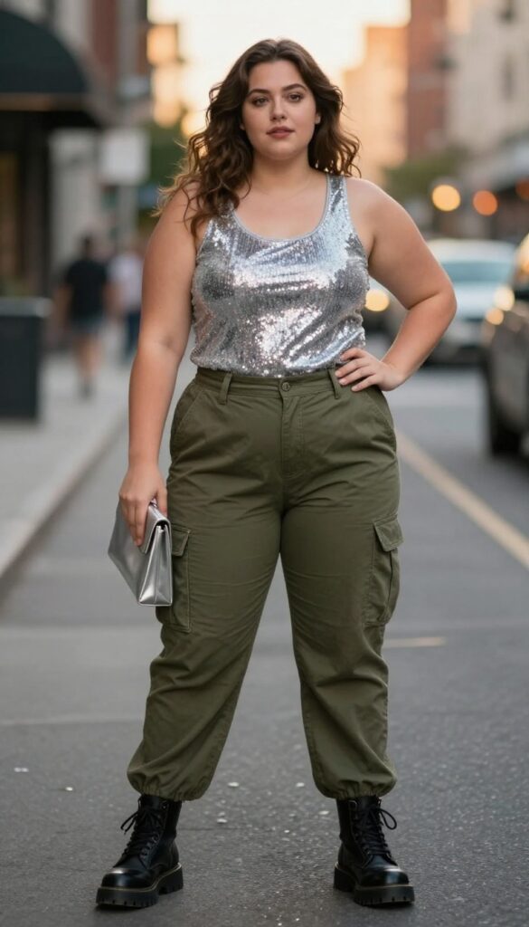 13. Sequined Tank with Cargo Pants