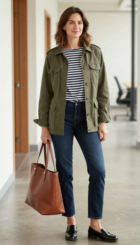 2. Olive Utility Jacket + Striped Breton Top + Dark Jeans