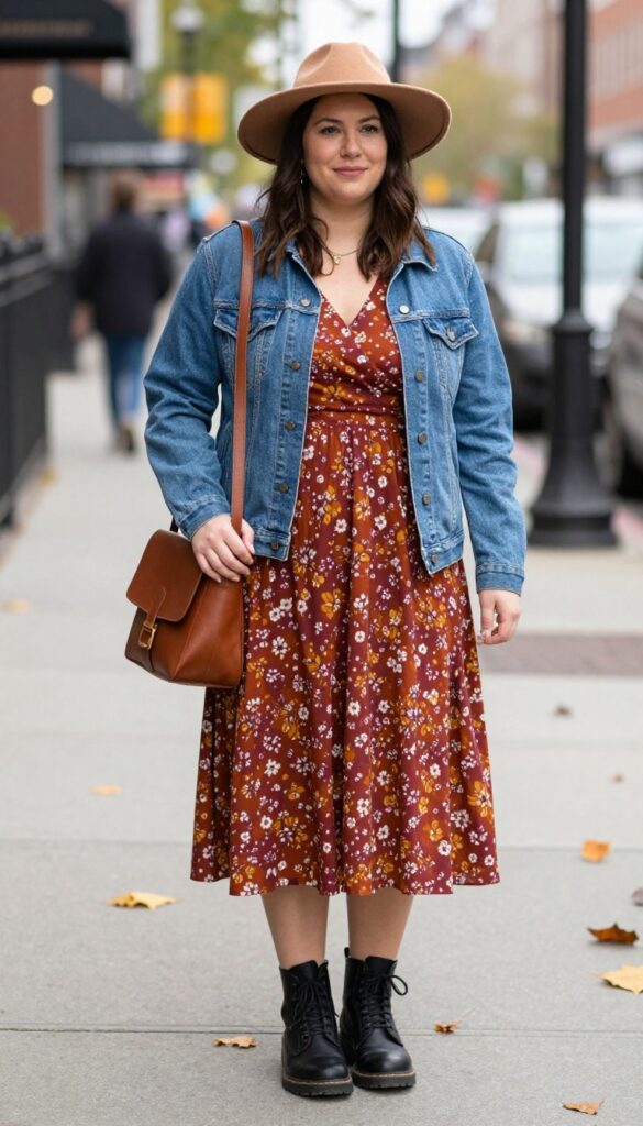 4. Denim Jacket over a Floral Midi Dress with Combat Boots