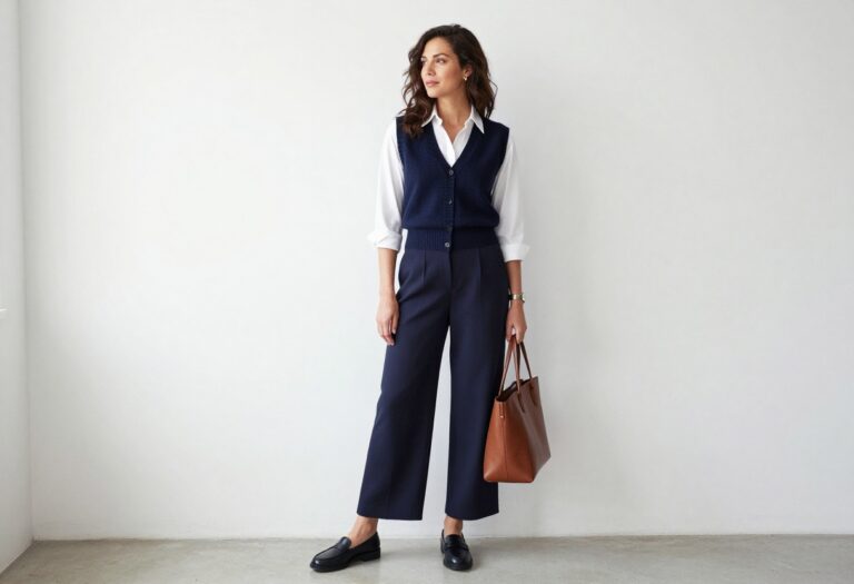 Woman in tailored knit vest with white button-down and trousers in bright office