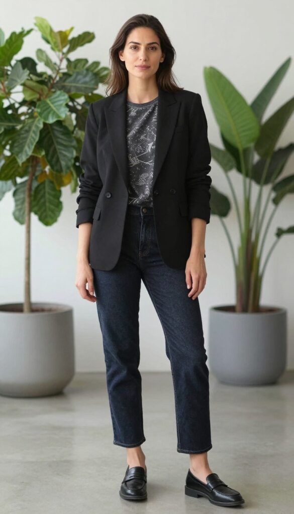 5. Blazer + Graphic Tee + Straight-Leg Jeans
