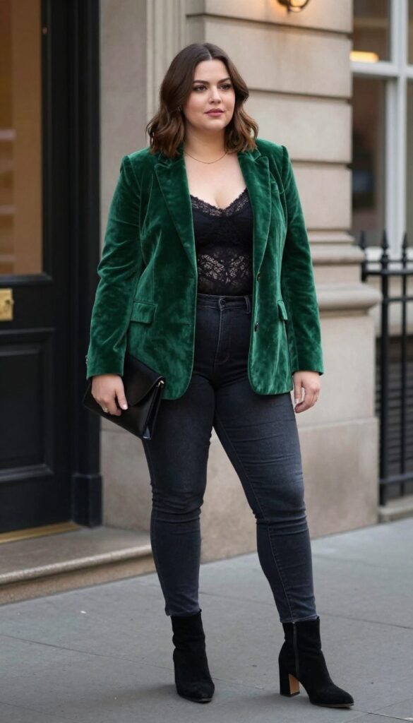 10. Evening Glam: Velvet Blazer + Lace Top + Skinny Jeans + Heeled Boots