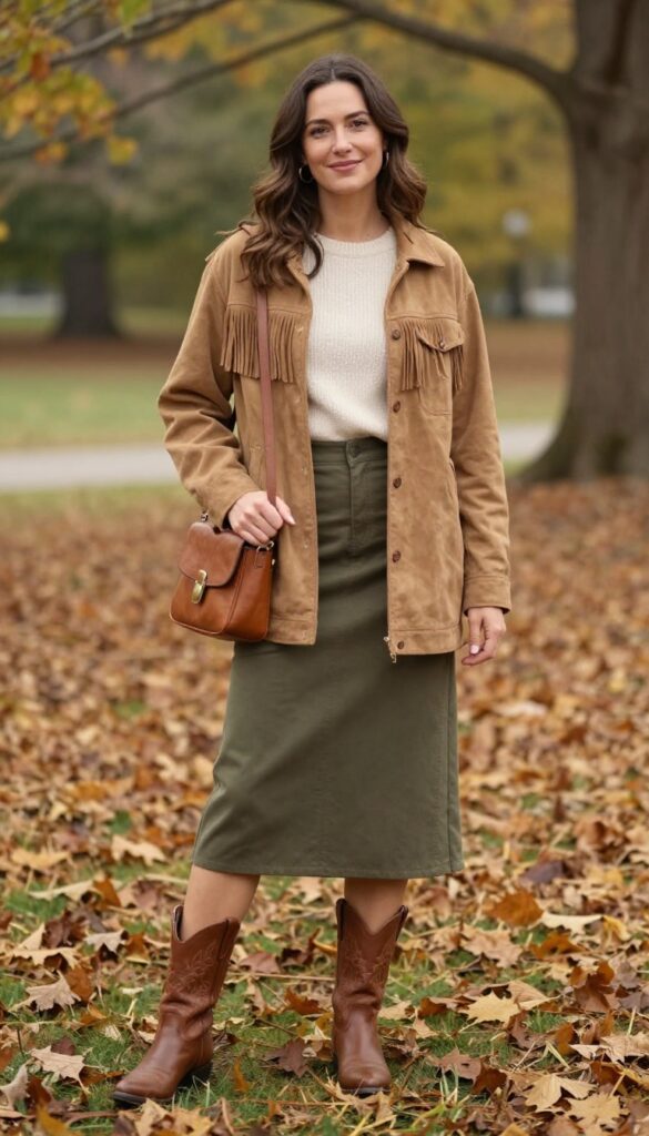 9. Suede Fringe Jacket with a Midi Skirt