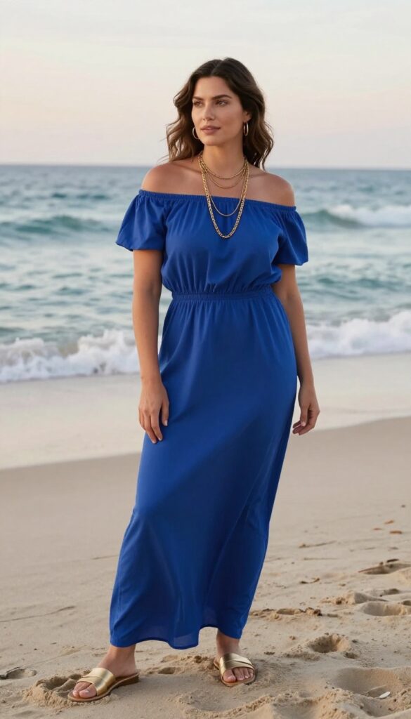 2. Summer Beach Ceremony: Off-Shoulder Royal Blue Dress with Gold Accessories