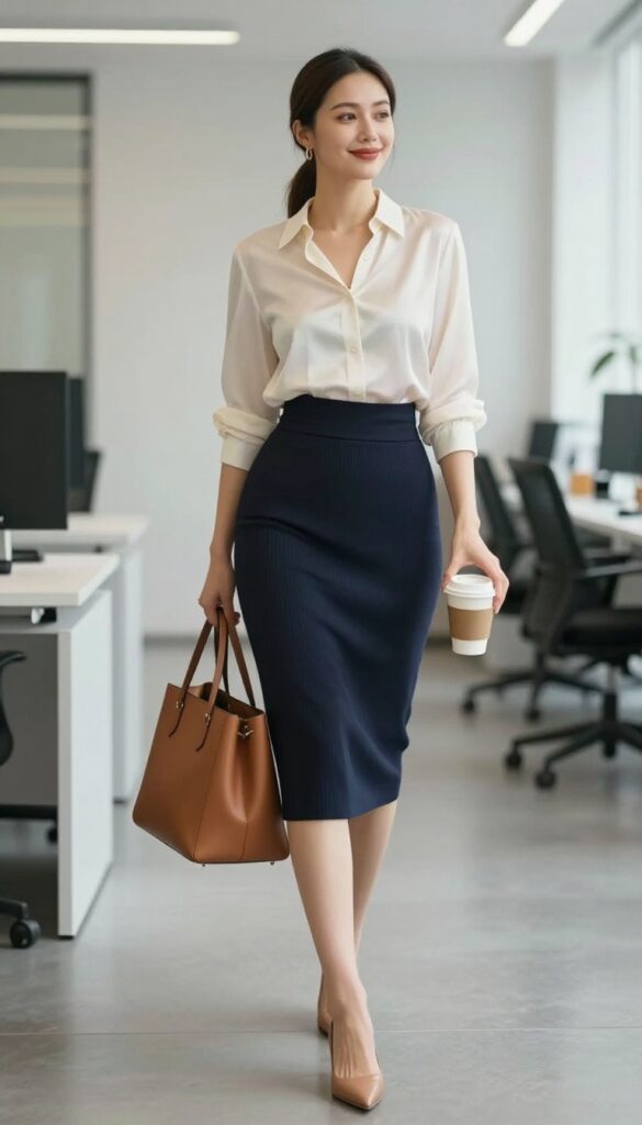 3. High-Waist Pencil Skirt + Silk Blouse