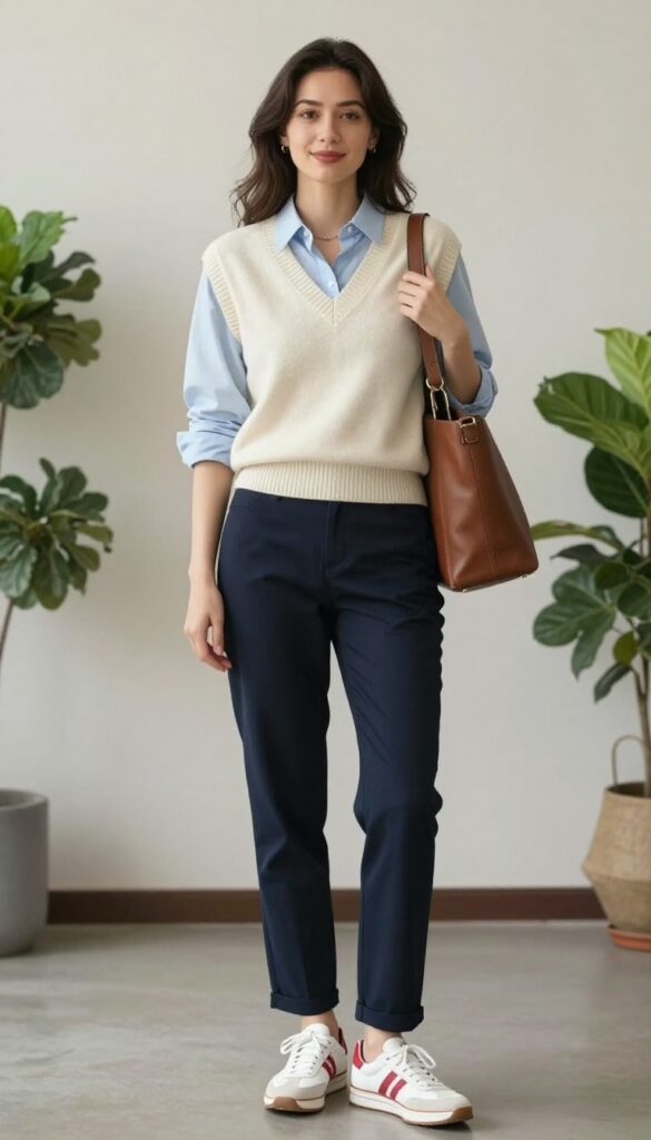 6. Sweater Vest + Button-Down + Straight-Leg Pants + Retro Sneakers