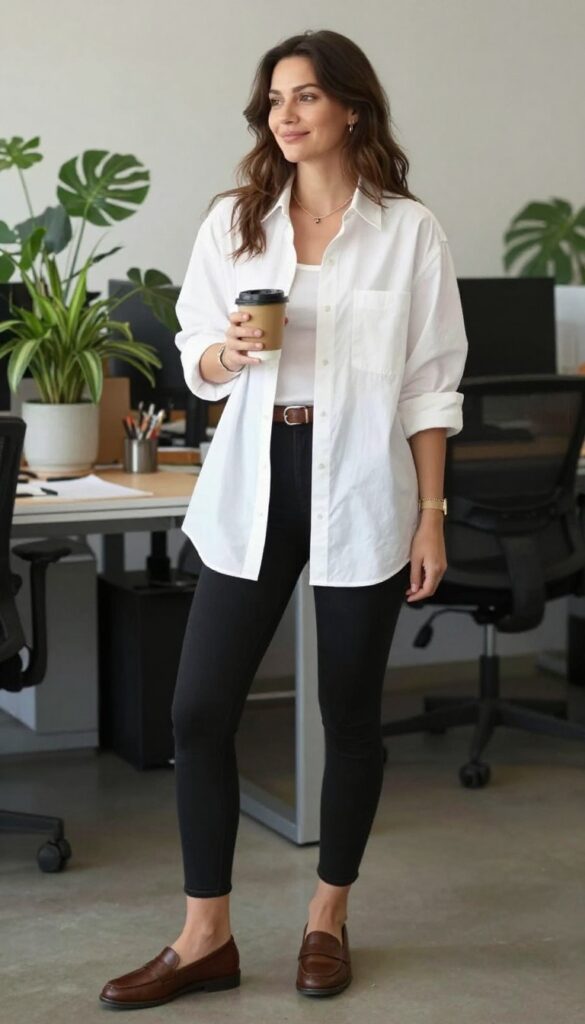 4. Button-Down Shirt and Leggings: Classic Refined