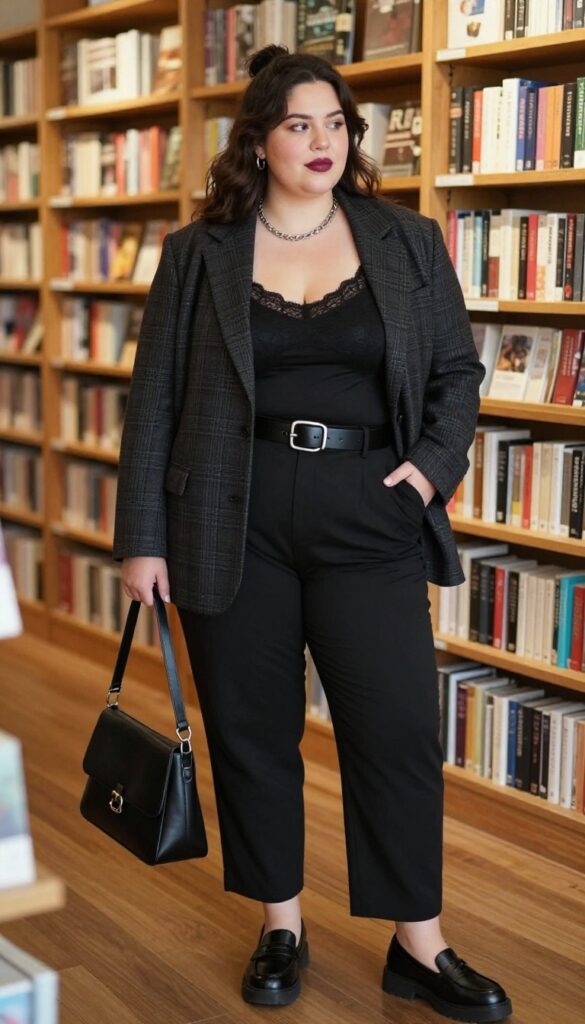 10. Plaid Blazer with a Lace Camisole and Straight-Leg Pants