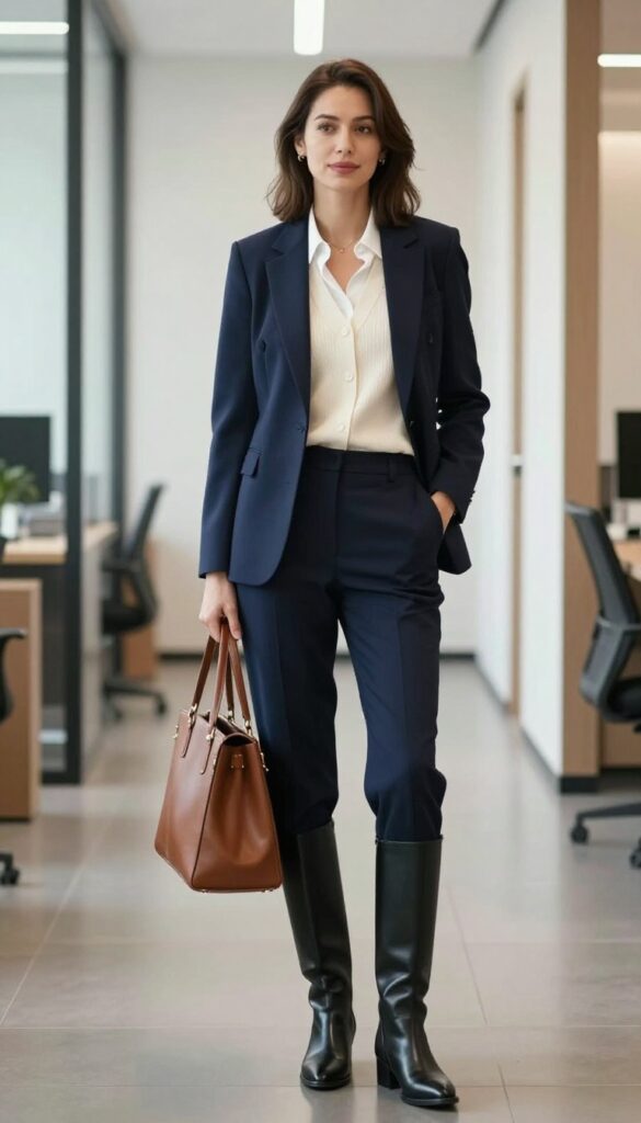 10. Blue Blazer + Sweater Vest + Tailored Shorts + Knee-High Boots