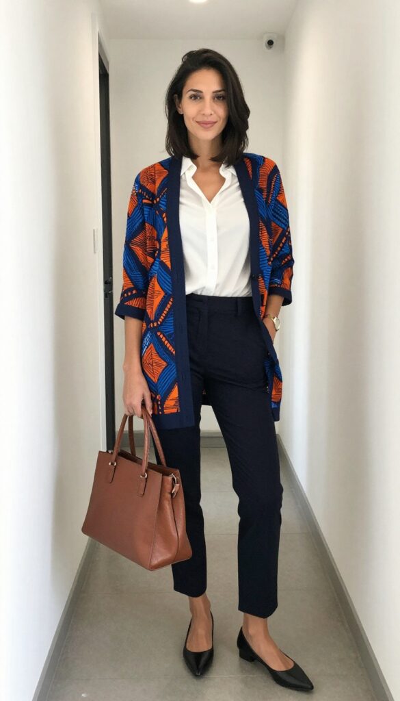 13. Ankara Cardigan over a White Button-Down