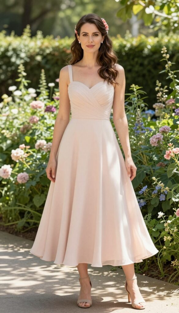 Young woman with warm skin tone and brown hair in loose half-up style, wearing blush sweetheart wedding dress with coral floral appliqué hair comb, standing in sunlit garden with pastel flowers.
