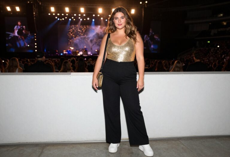 Plus size woman wearing gold sequin bodysuit and black wide-leg pants at concert venue
