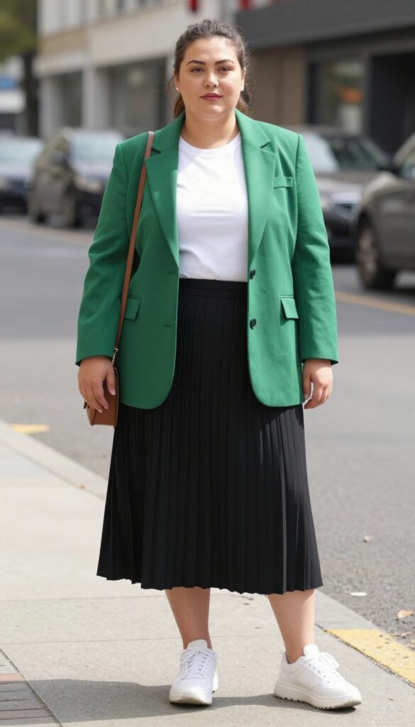 5. Blazer with a Pleated Skirt and Chunky Sneakers