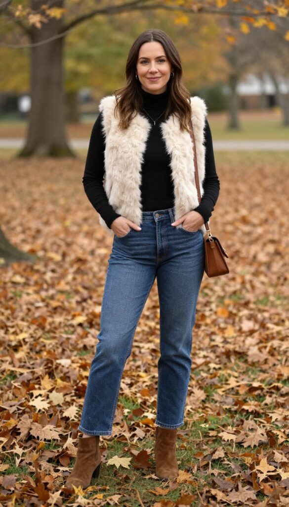 10. Faux Fur Vest with a Turtleneck and Jeans