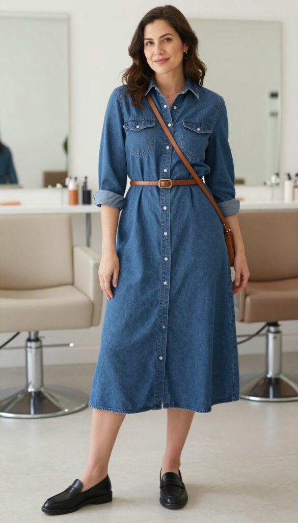 7. Denim Shirt Dress with a Belt and Slip-On Loafers