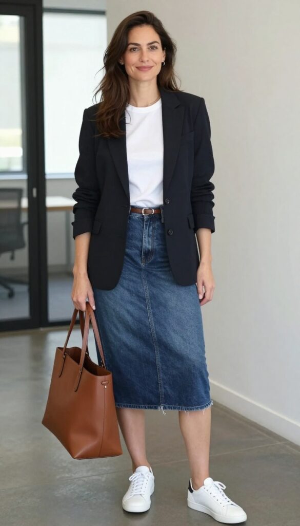 5. Denim Skirt with a Blazer and White Tee