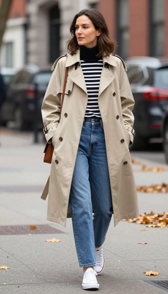 7. Trench Coat and Straight-Leg Jeans
