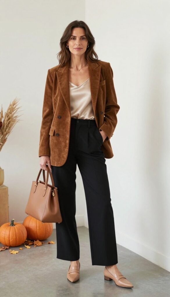 12. Corduroy Blazer with a Silk Camisole and Wide-Leg Pants