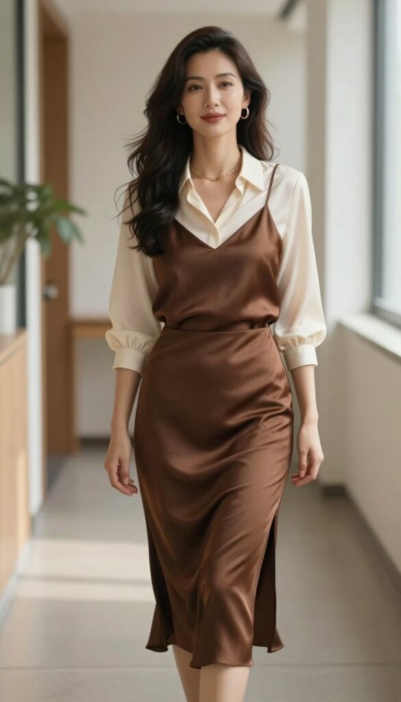 6. Brown Satin Slip Skirt with a Cream Blouse