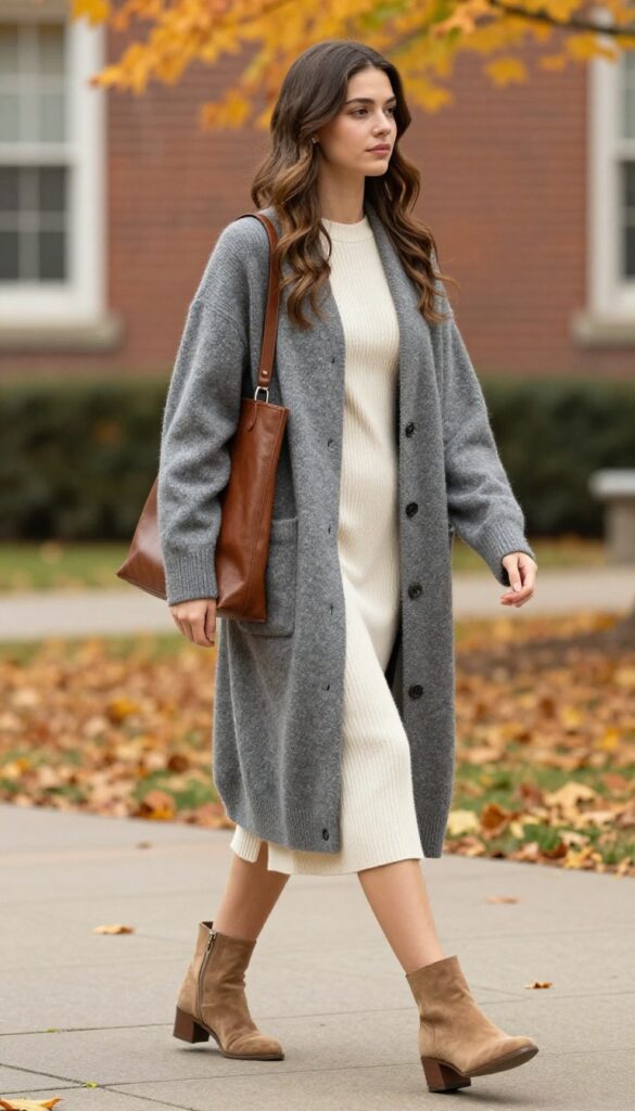 3. Oversized Cardigan with a Ribbed Knit Dress and Ankle Boots
