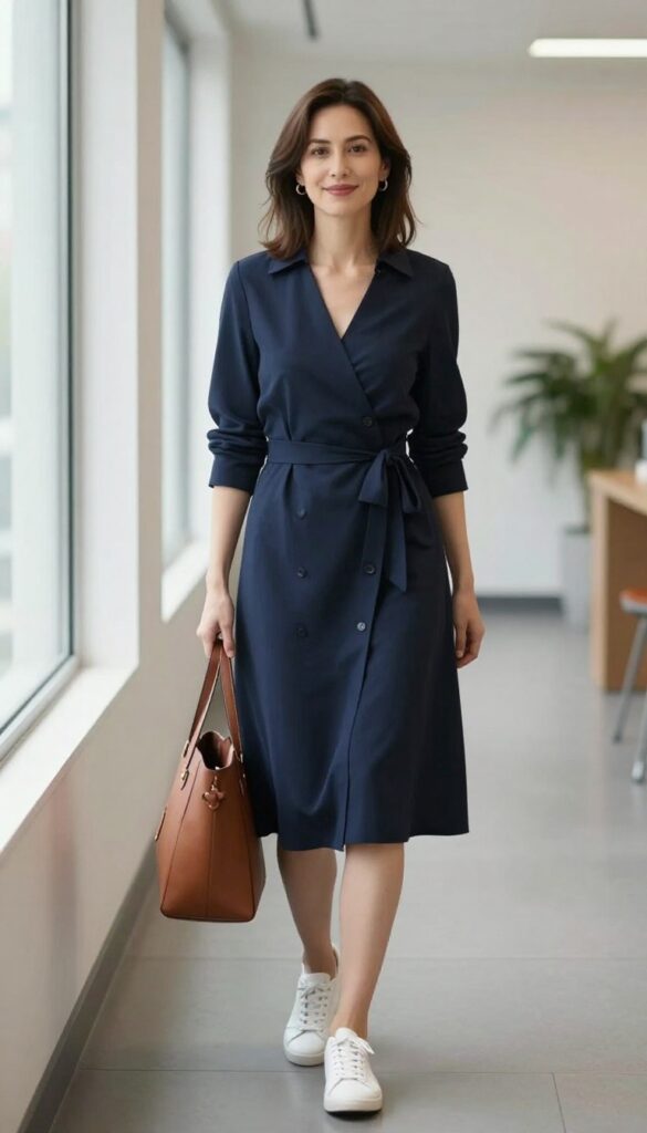 11. Wrap Dress + Trench Coat + White Sneakers