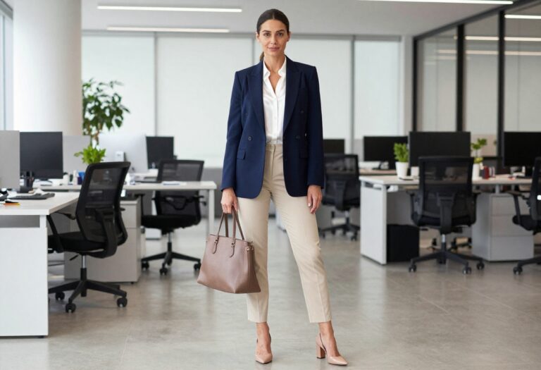 Woman in navy blazer and beige trousers standing in modern office lobby