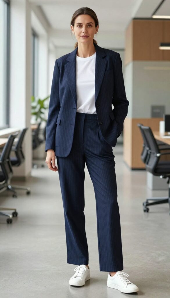 9. Pinstripe Suit + White Tee + Sneakers