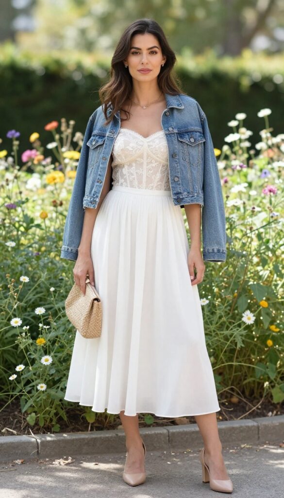 Woman in embroidered corset top, A-line skirt, and denim jacket in garden