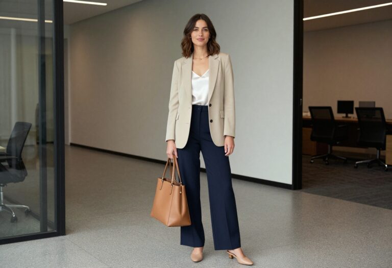 Young professional woman in beige blazer and wide-leg trousers standing in office hallway