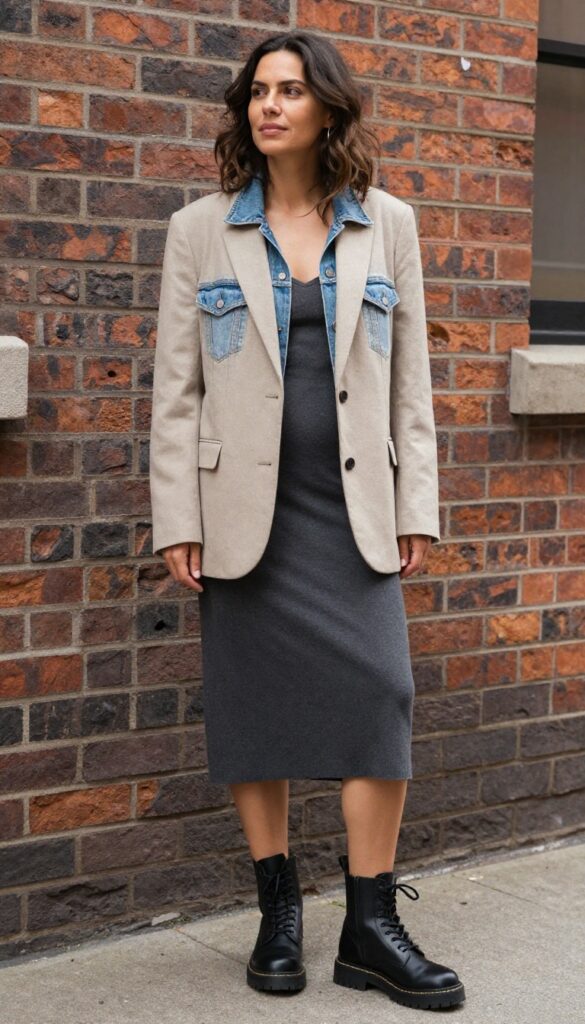 11. Beige Blazer + Denim Jacket + Slip Dress + Combat Boots