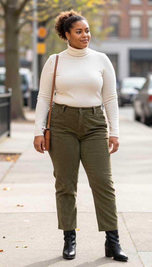 6. Turtleneck + Corduroy Pants + Knee-High Boots
